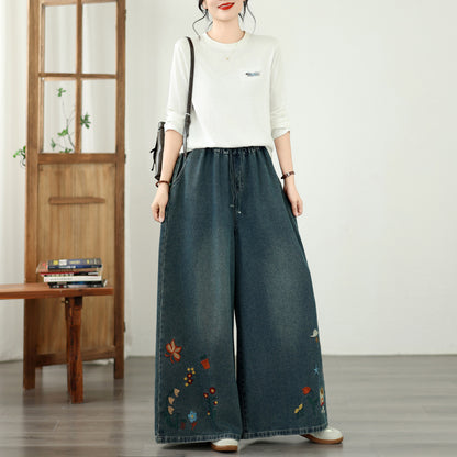 Vintage Embroidered Wide-Leg Jeans with Elastic Waist