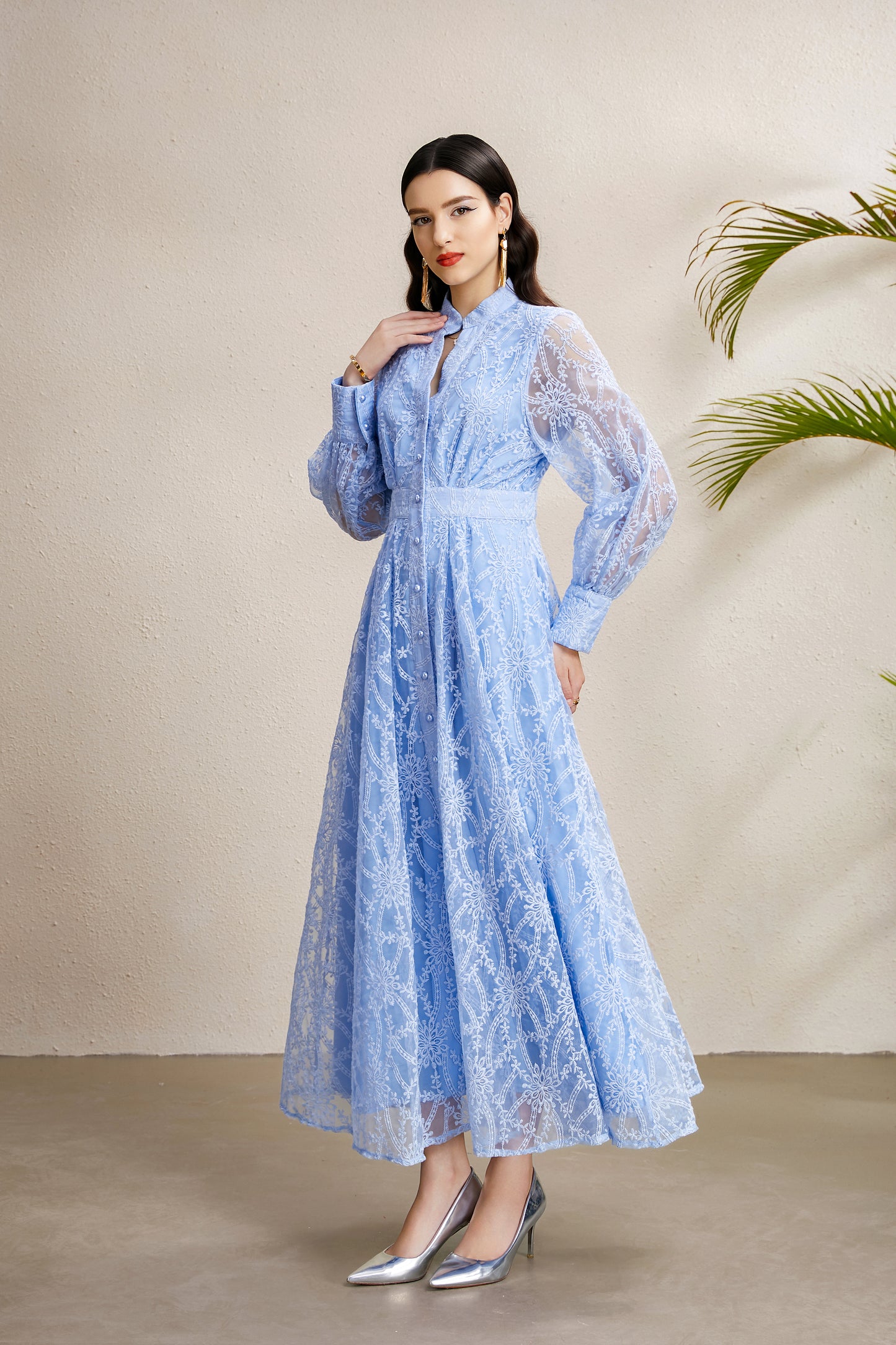 Women's V-Neck Lace Floral Lantern Sleeve Maxi Dress