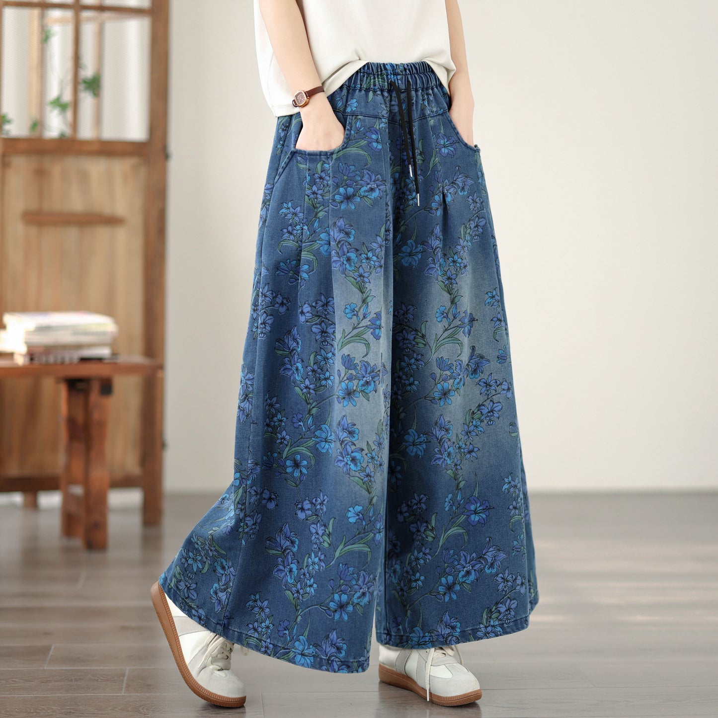 26-Women's Jeans Elastic Waist Baggy Wide Leg Denim - LAI MENG FIVE CATS