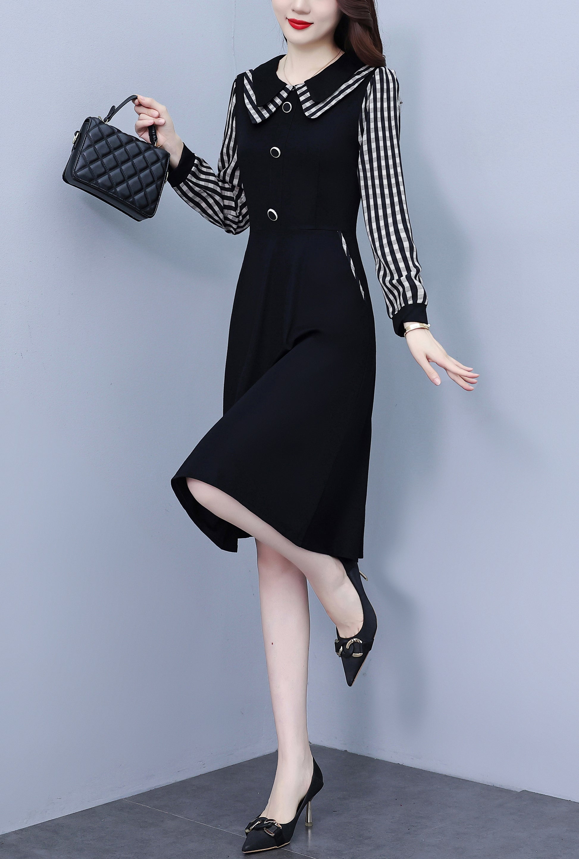 Women's Peter Pan Collar Long Sleeve Black Dress with Pocket - LAI MENG FIVE CATS