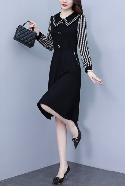 Women's Peter Pan Collar Long Sleeve Black Dress with Pocket - LAI MENG FIVE CATS