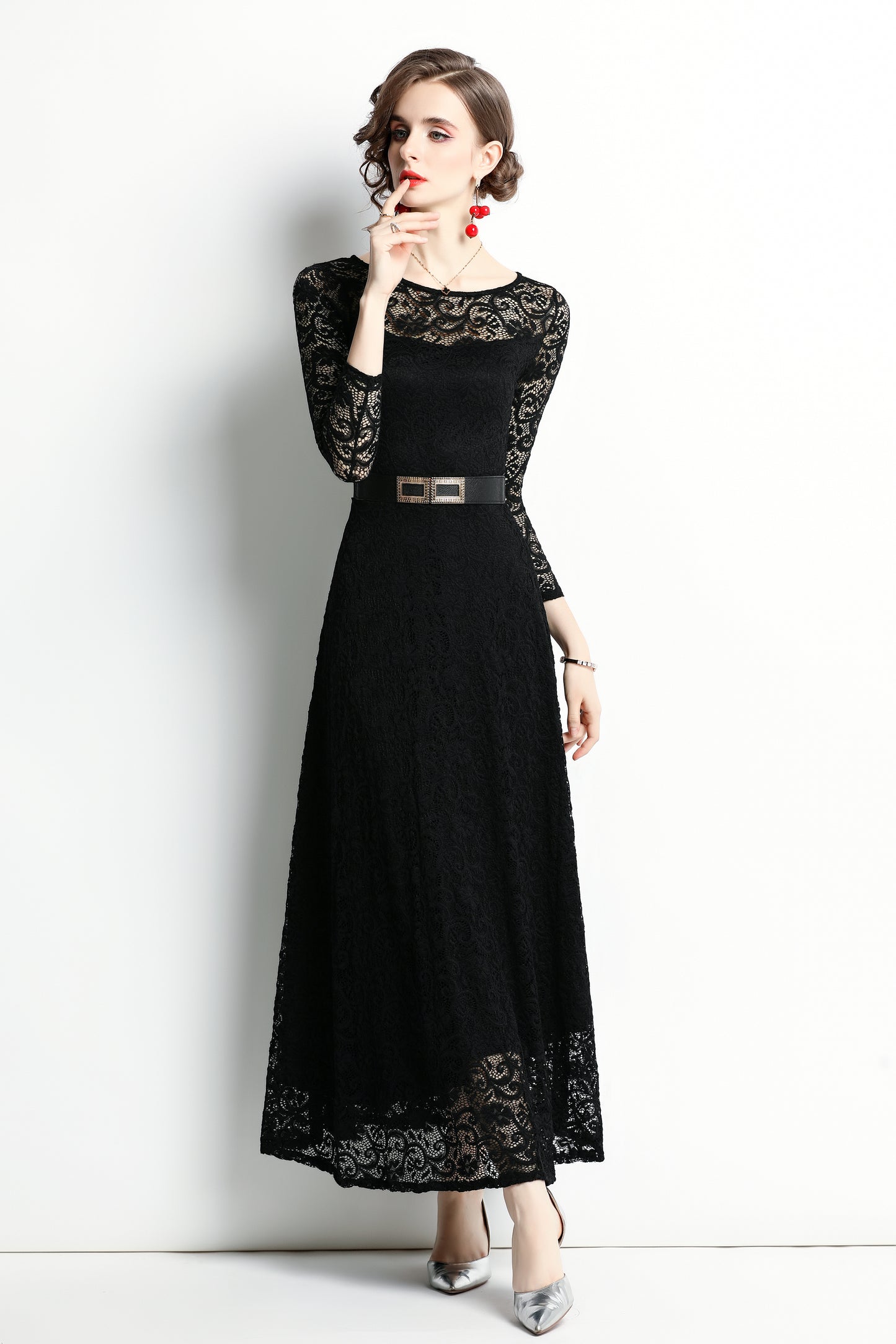 SSY-Women's 3/4 Sleeve Lace Overlay Maxi Dress