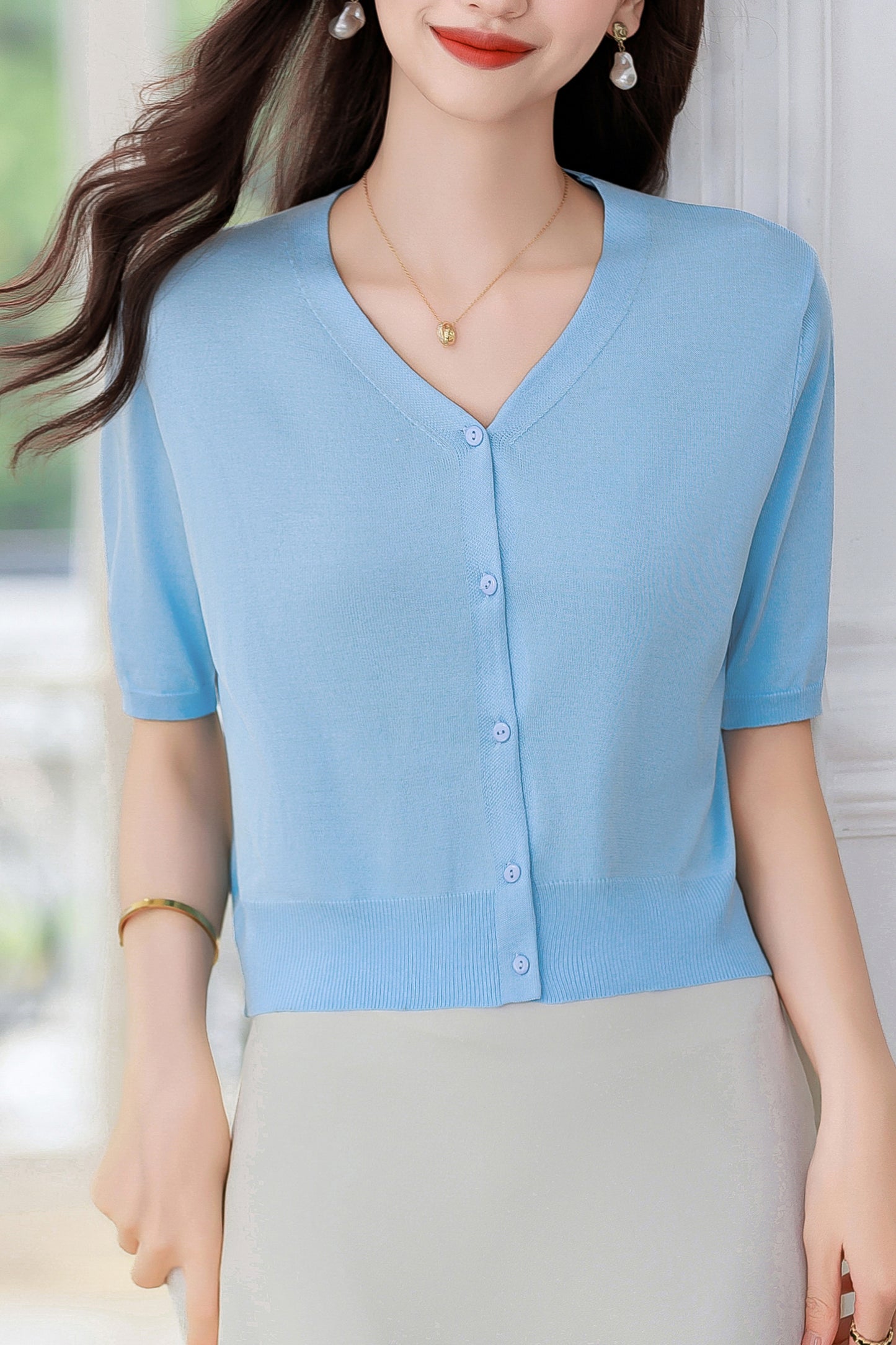 Women's Short Sleeve Ribbed Knit Cardigan Tops