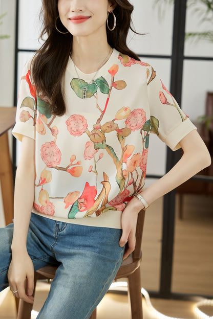 Women's Casual T-Shirts Print Round Neck 3/4 Sleeves Tunic Tops