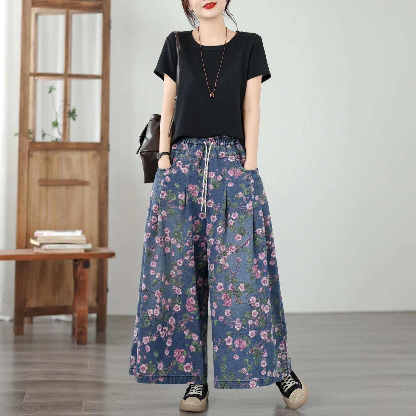Women's Wide Leg Jeans Baggy Floral Wasited Elastic Pants - LAI MENG FIVE CATS