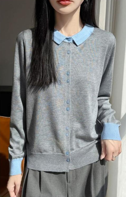 Contrast Collar Knit Cardigan – Two-Tone Polo Button-Up Sweater