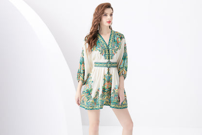 Women's V-Neck Floral Print Lantern Sleeve Mini Dress