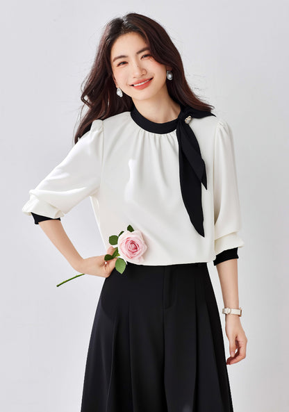 Women's Silk Satin Shirt Tie Neck Long Sleeve Top - LAI MENG FIVE CATS