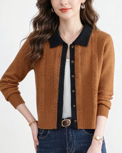 Vintage Contrast Collar Cable Knit Cardigan | Textured Button Crop Sweater