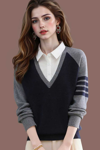 Women's V-Neck Pullover Top Striped Contrast Blouse