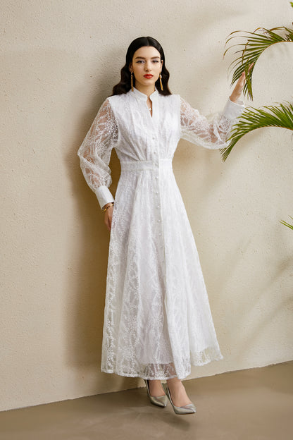 Women's V-Neck Lace Floral Lantern Sleeve Maxi Dress