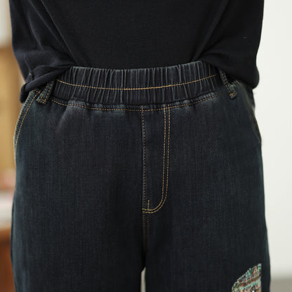 Women's Elastic Waist Embroidery Denim Jeans