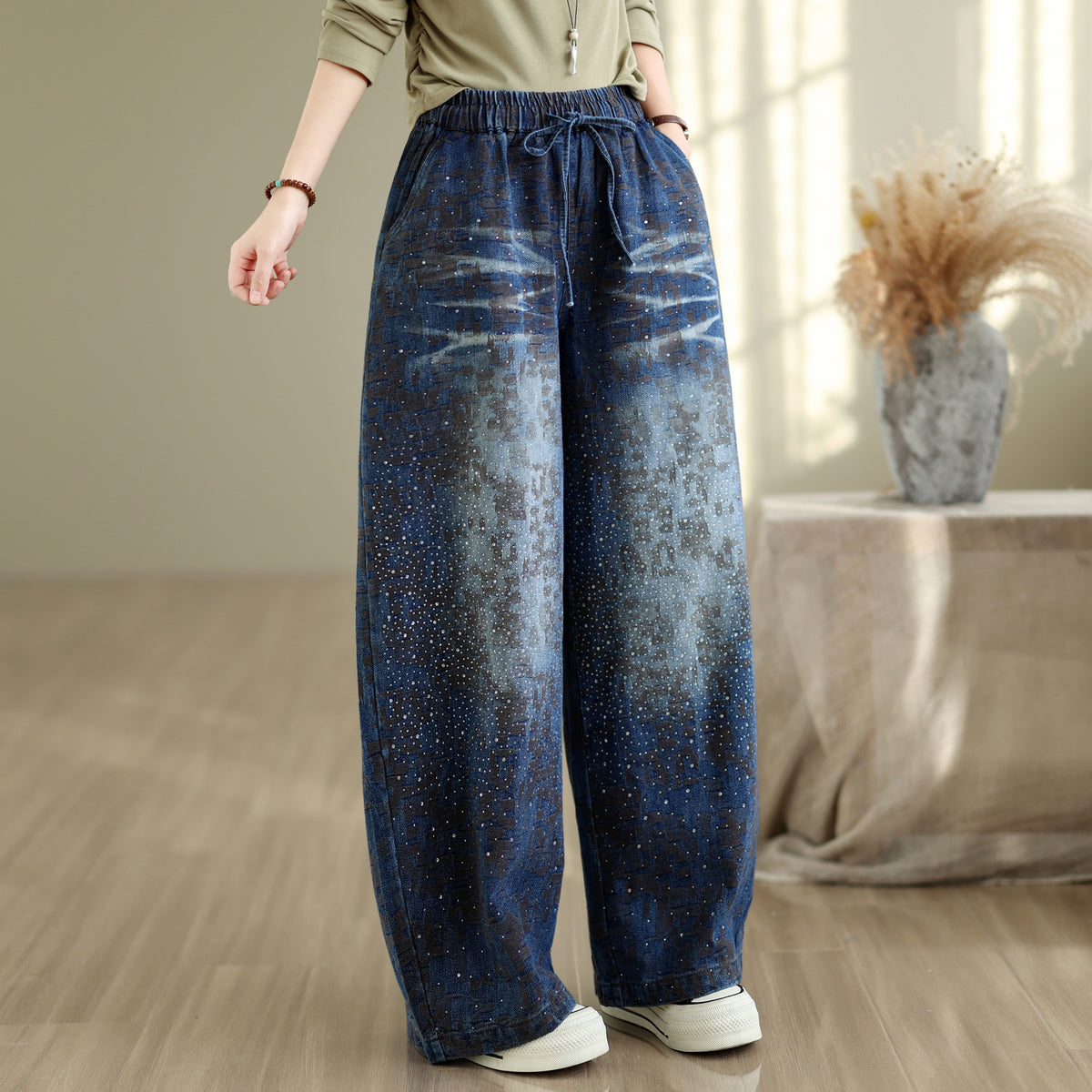 28679-Vintage Galaxy Speckle Denim Wide-Leg Pants with Drawstring Waist