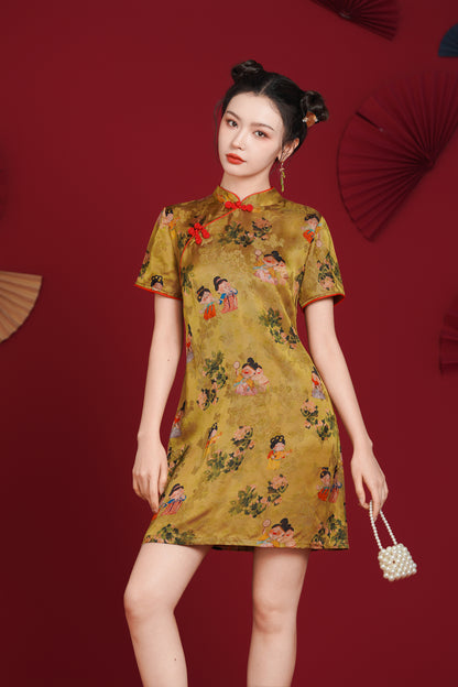 Women's Cheongsam Print Short Sleeve Mini Dress