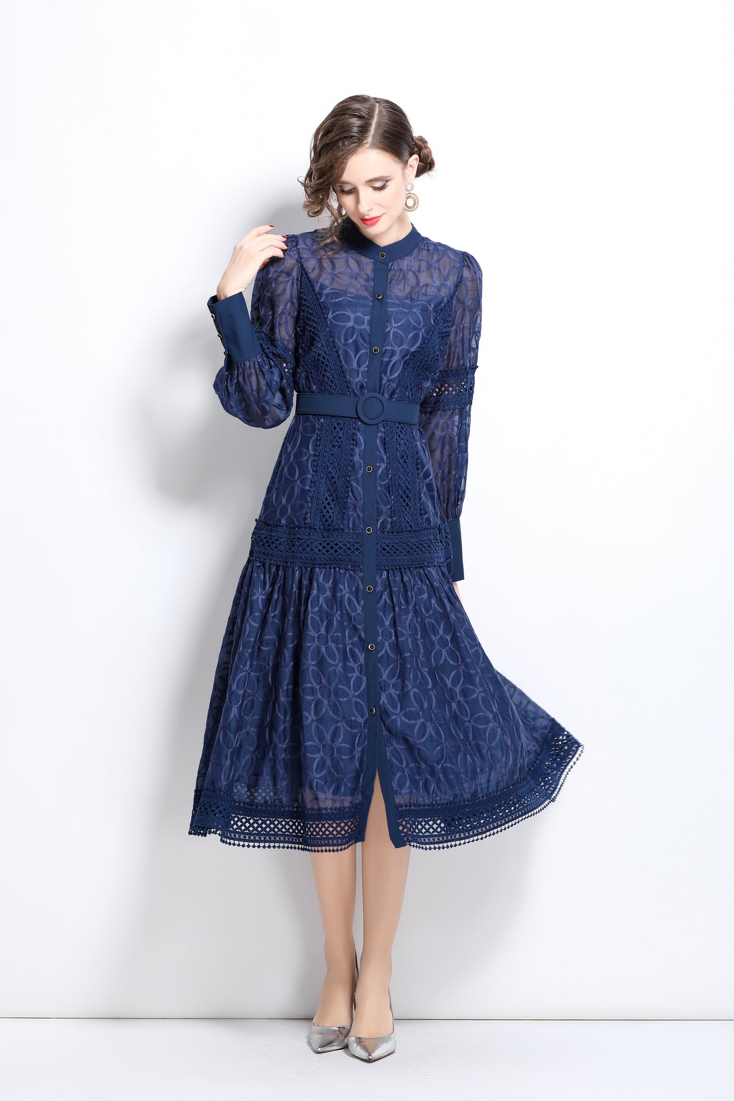 Lantern Sleeves Embroidery Button Midi Dress