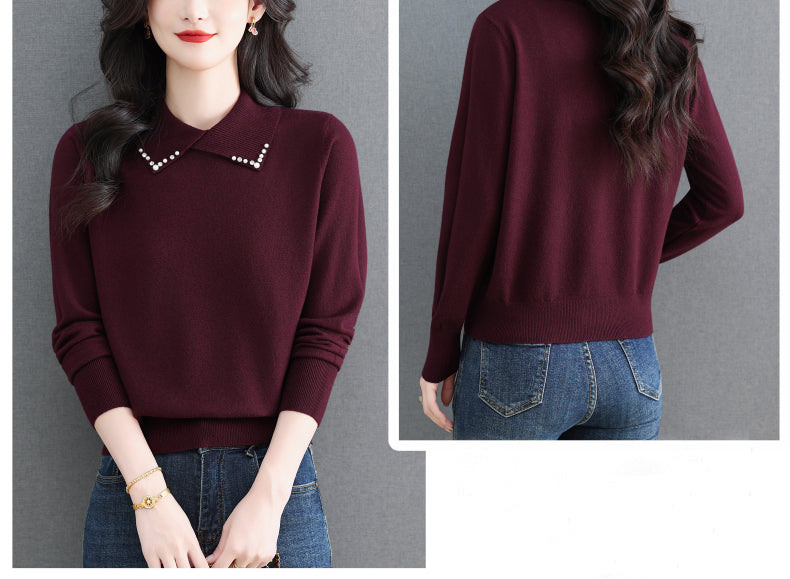 Women's Long Sleeve Sweater Lapel Collar Pullover Tops - LAI MENG FIVE CATS