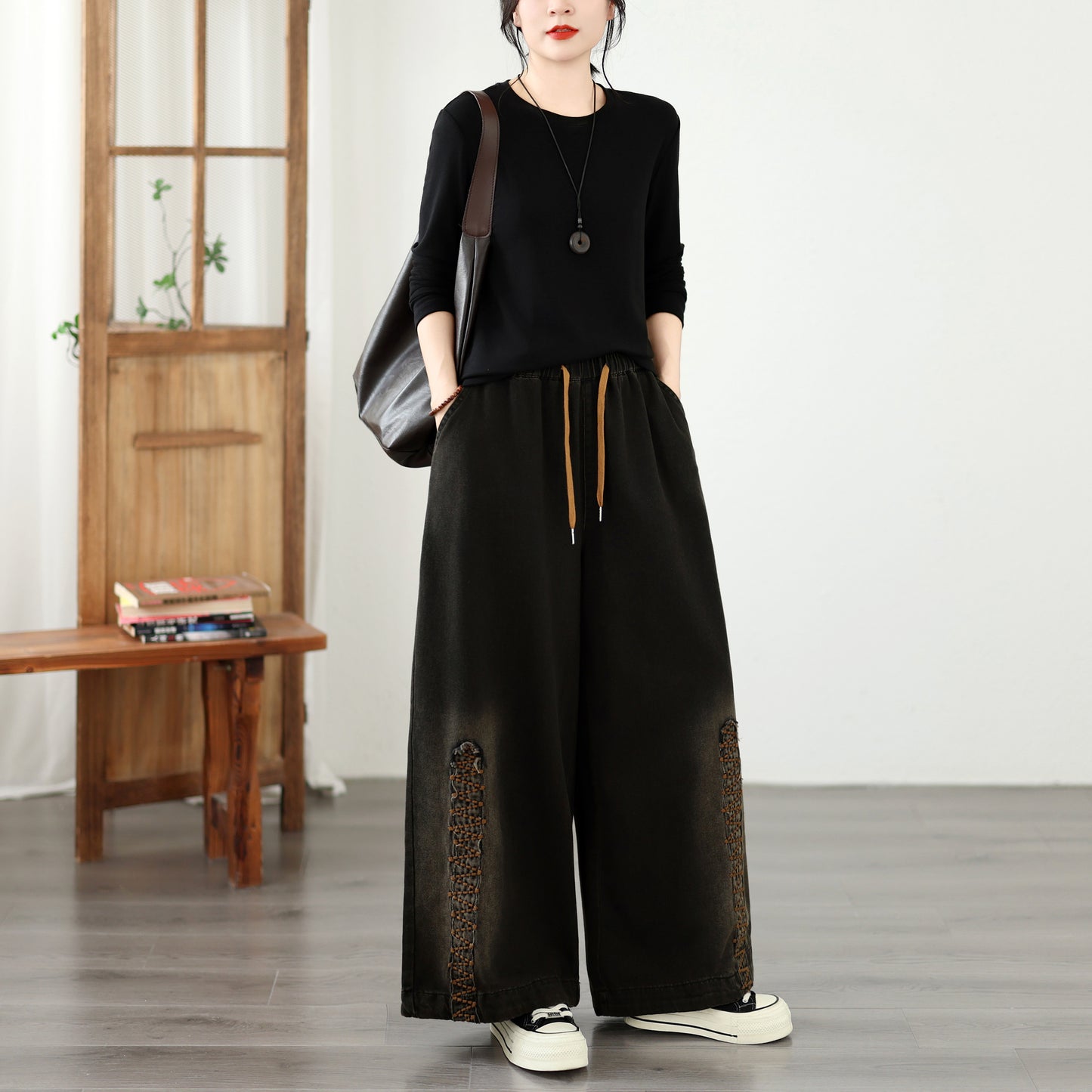 Vintage Washed Wide-Leg Jeans with Boho Embroidery