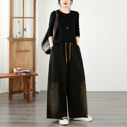 Vintage Washed Wide-Leg Jeans with Boho Embroidery