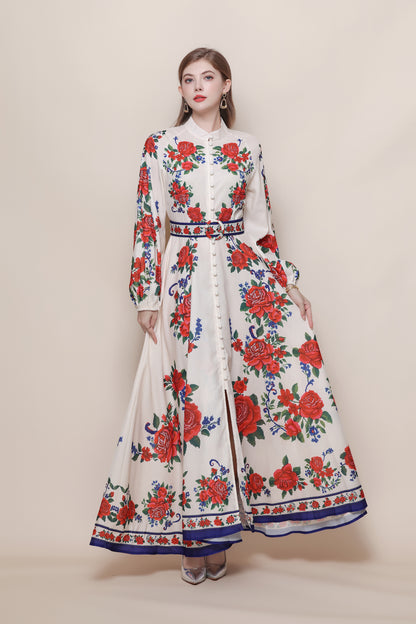 26-Women's Floral Print Puff Sleeve Button Maxi Dress - LAI MENG FIVE CATS