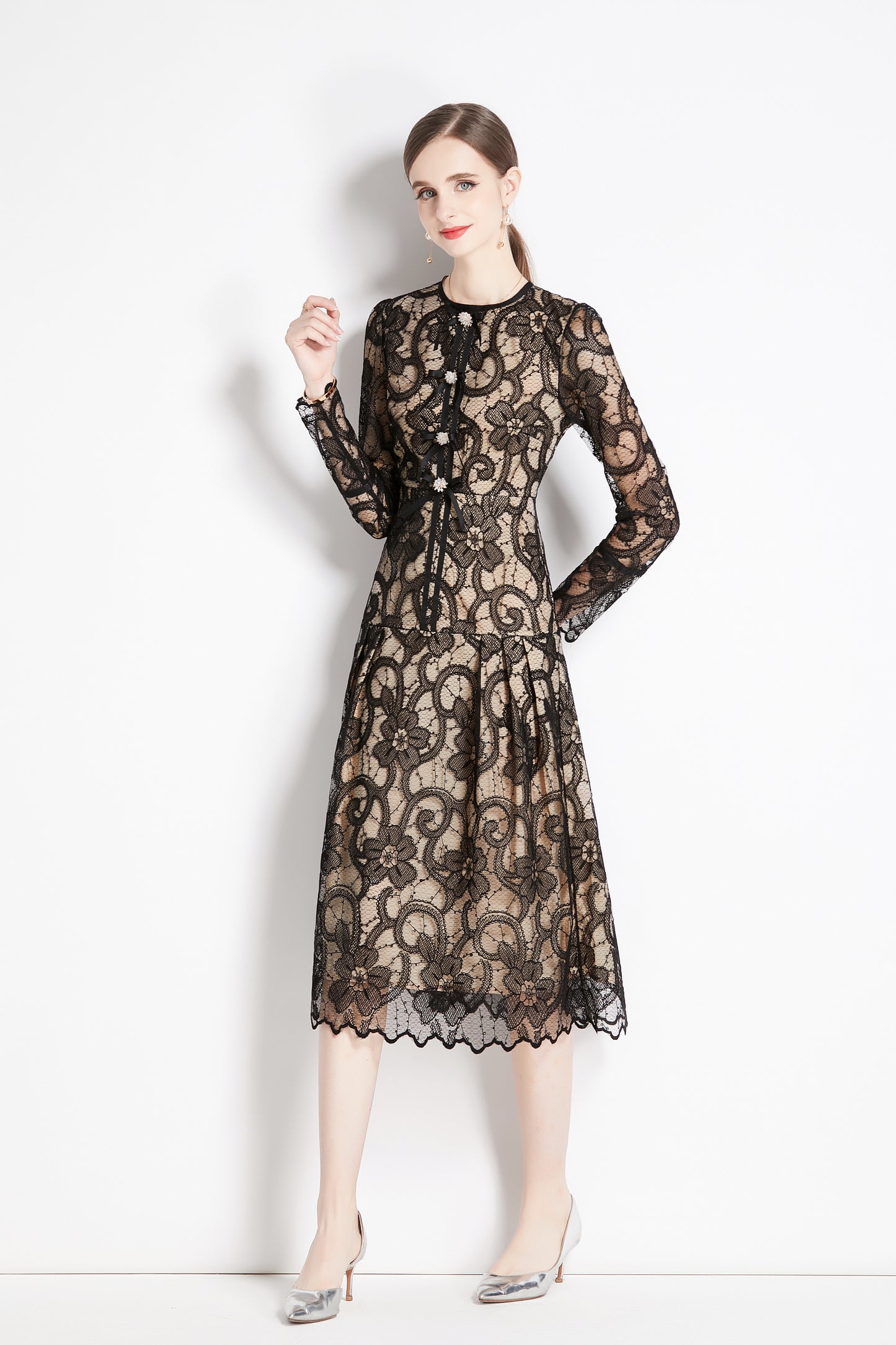Women's Lace Floral Long Sleeve Midi Dress