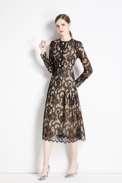 Women's Lace Floral Long Sleeve Midi Dress