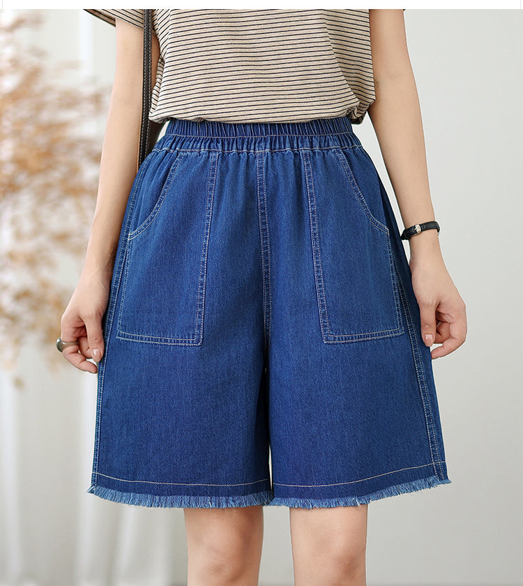 Women's High Waisted Baggy Jean Wide Leg Denim Shorts - LAI MENG FIVE CATS