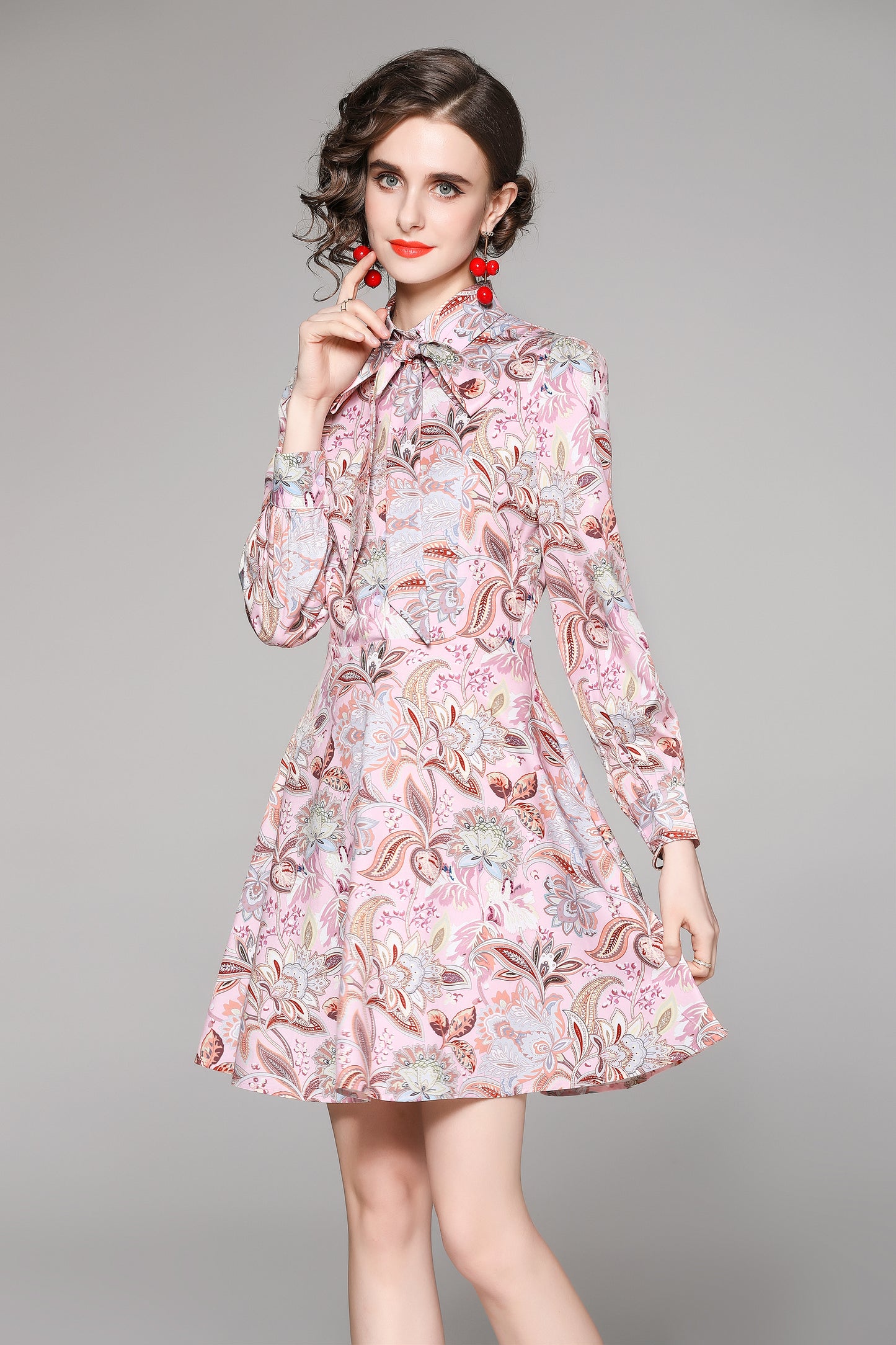 SSY-Women's Long Sleeve Lapel Collar Floral Mini Dress