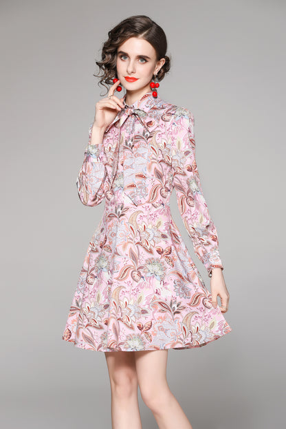 SSY-Women's Long Sleeve Lapel Collar Floral Mini Dress