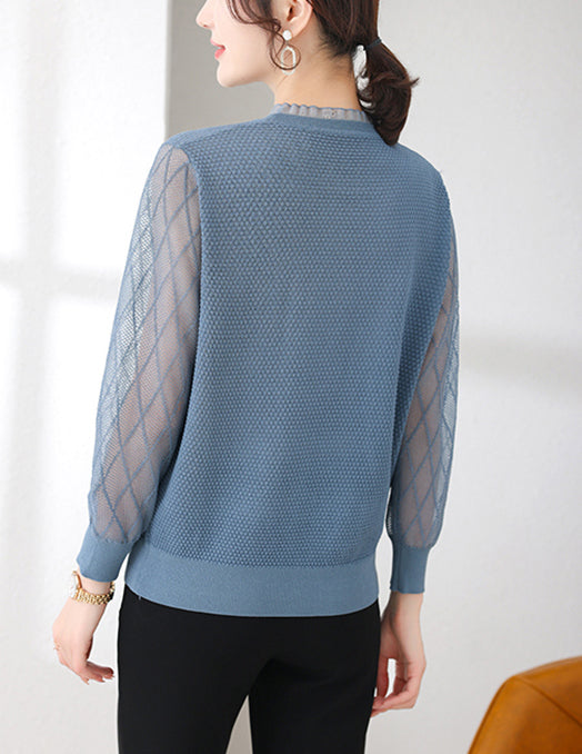 Women's Sweater Puff Sleeve Patchwork Lace Tops
