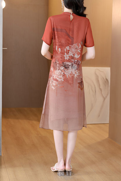 Red Floral Cheongsam Fake Two Pieces Dress