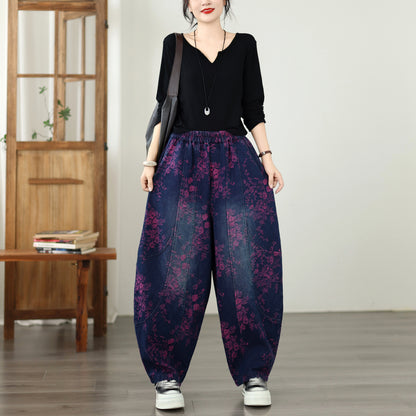 Vintage Print Denim Jeans for Women - High-Waisted, Loose-Fit Harem Pants