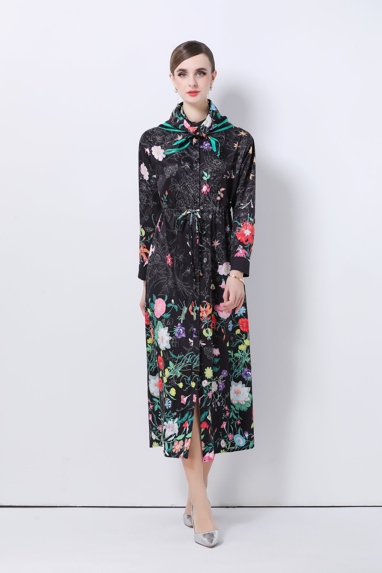 Women's Floral Print Flowy Button Split Maxi Dress