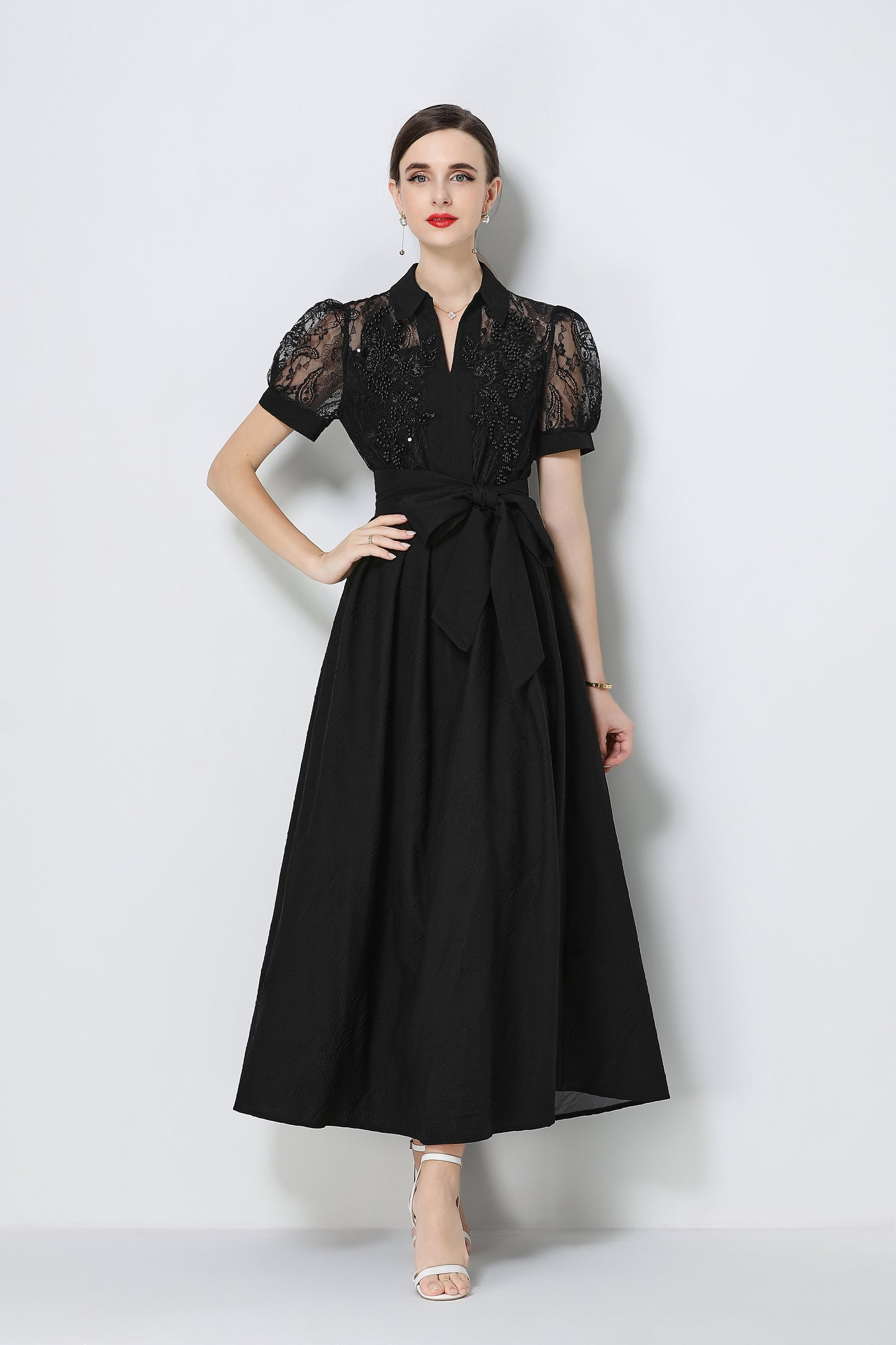 Elegant V-Neck Puff Sleeve Lace Jacquard Maxi Black Dress