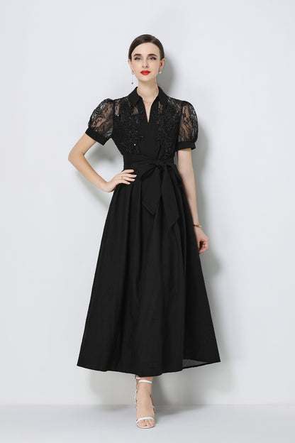 Elegant V-Neck Puff Sleeve Lace Jacquard Maxi Black Dress