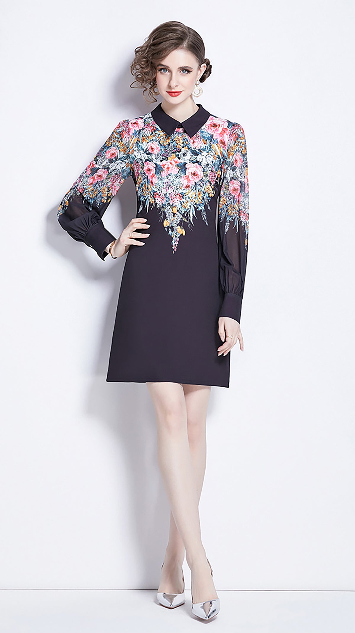 Black Floral Mini Dress with Chiffon Sleeves and Collar - LAI MENG FIVE CATS