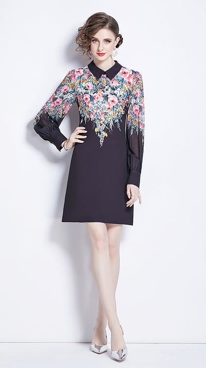 Black Floral Mini Dress with Chiffon Sleeves and Collar - LAI MENG FIVE CATS