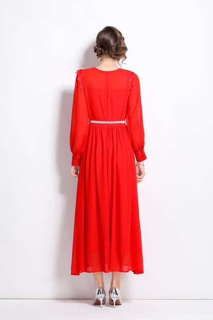 Lace Chiffon Puff Sleeves Maxi Dress with Belt