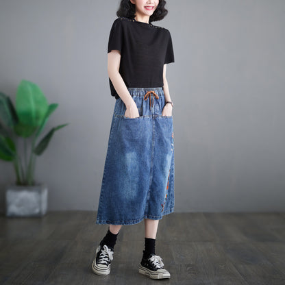 Women's Denim Drawstring Waist Pockets Jean Skirt