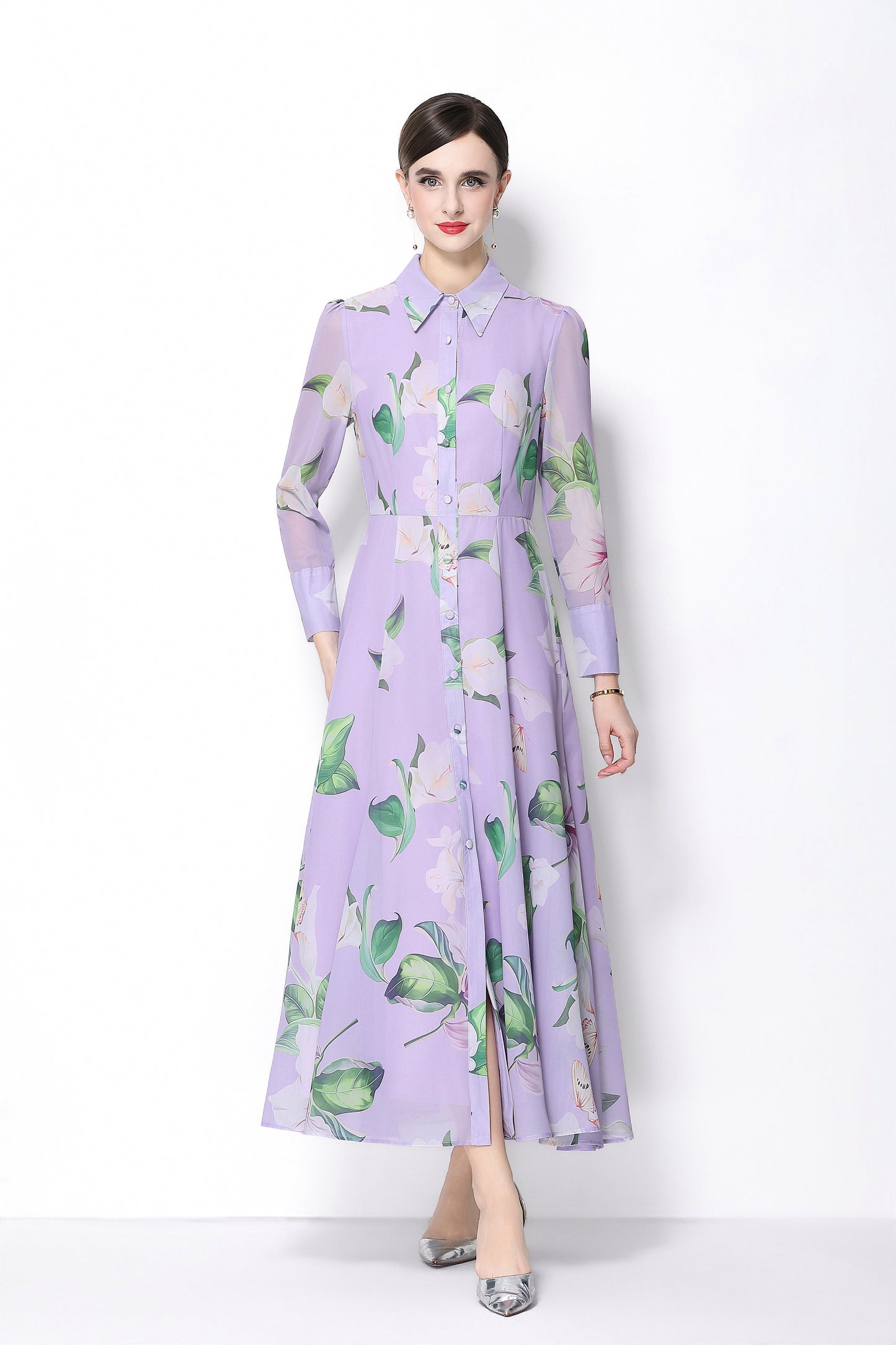 Women's Floral Print Button Up Split Maxi Dress