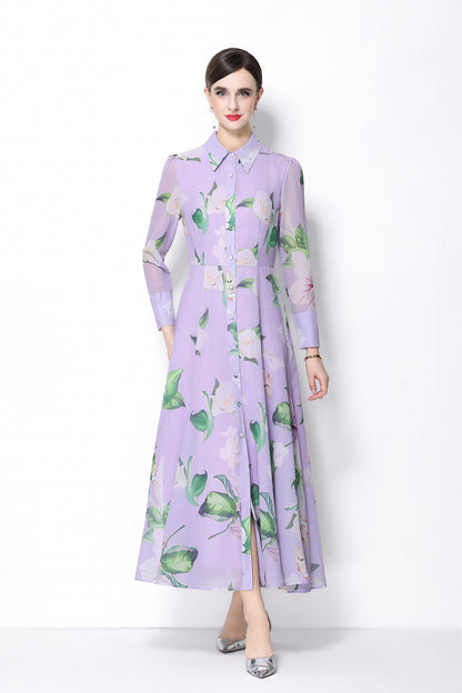 Women's Floral Print Button Up Split Maxi Dress