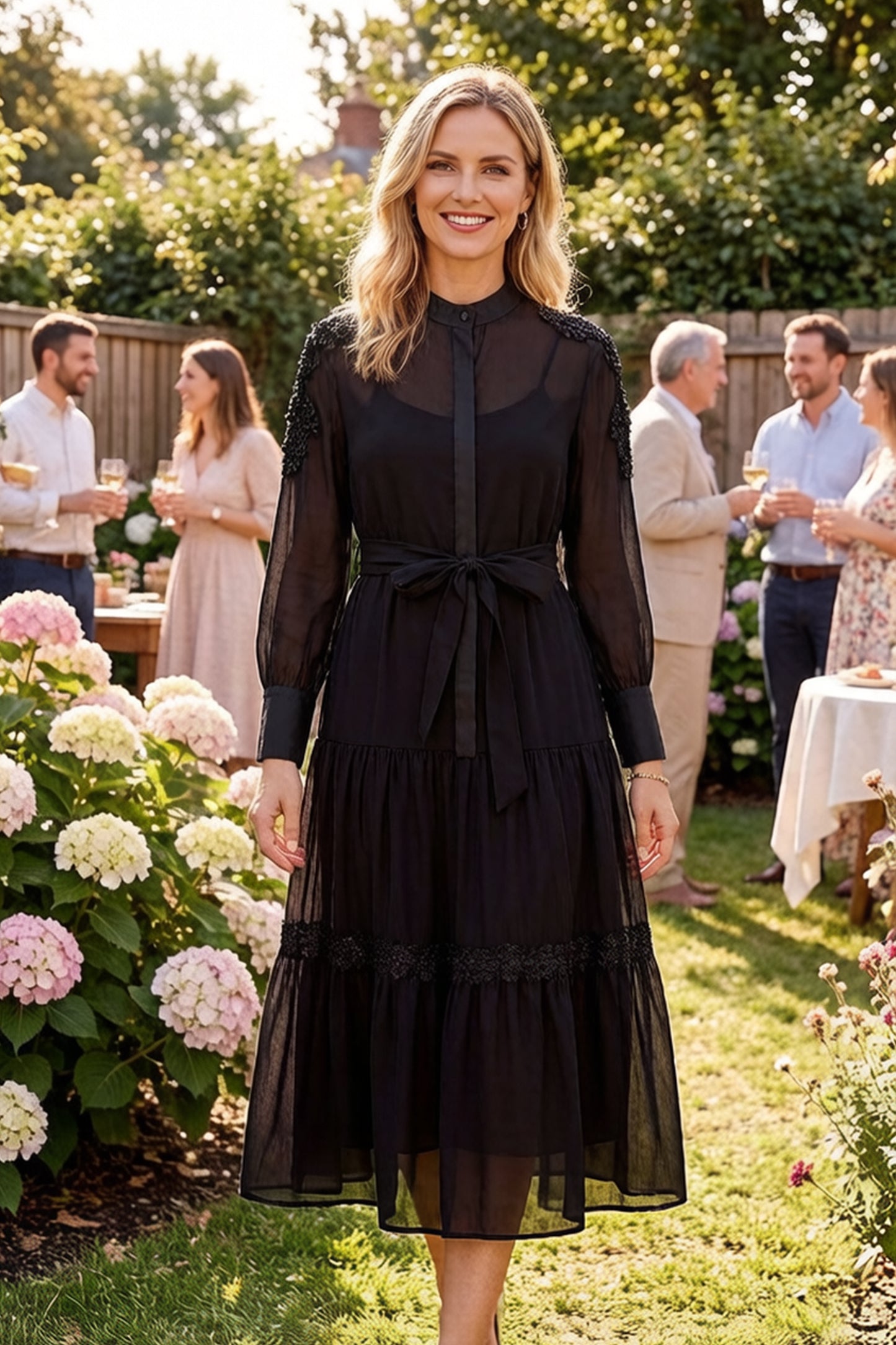 Elegant Bead Embroidery Loose Button Belted Maxi Dress - LAI MENG FIVE CATS