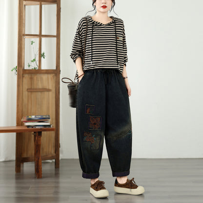 Vintage Embroidered Baggy Jeans Denim Harem Pants