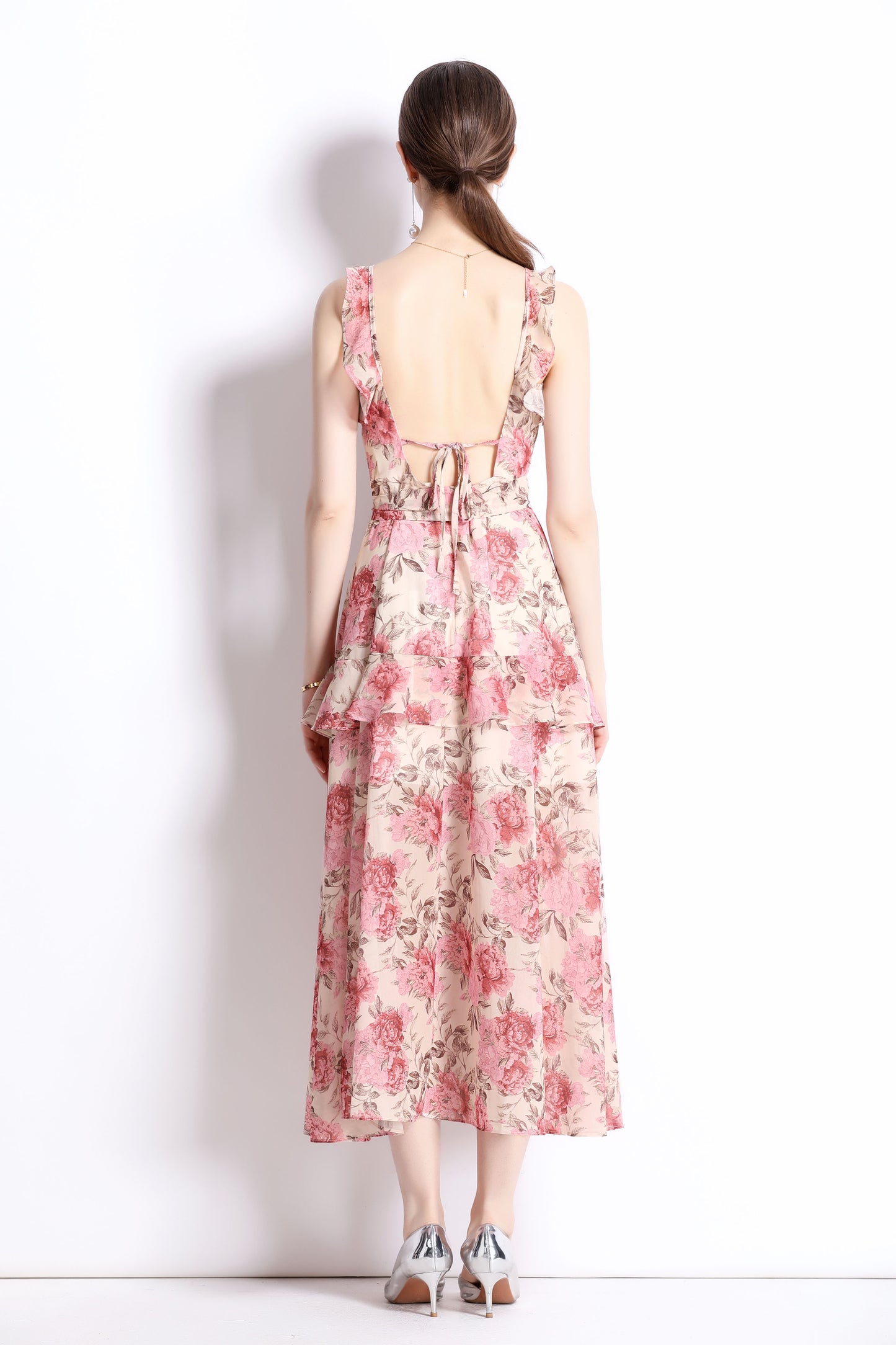 Pink Floral Print Ruffle Hem Backless Cami Dress