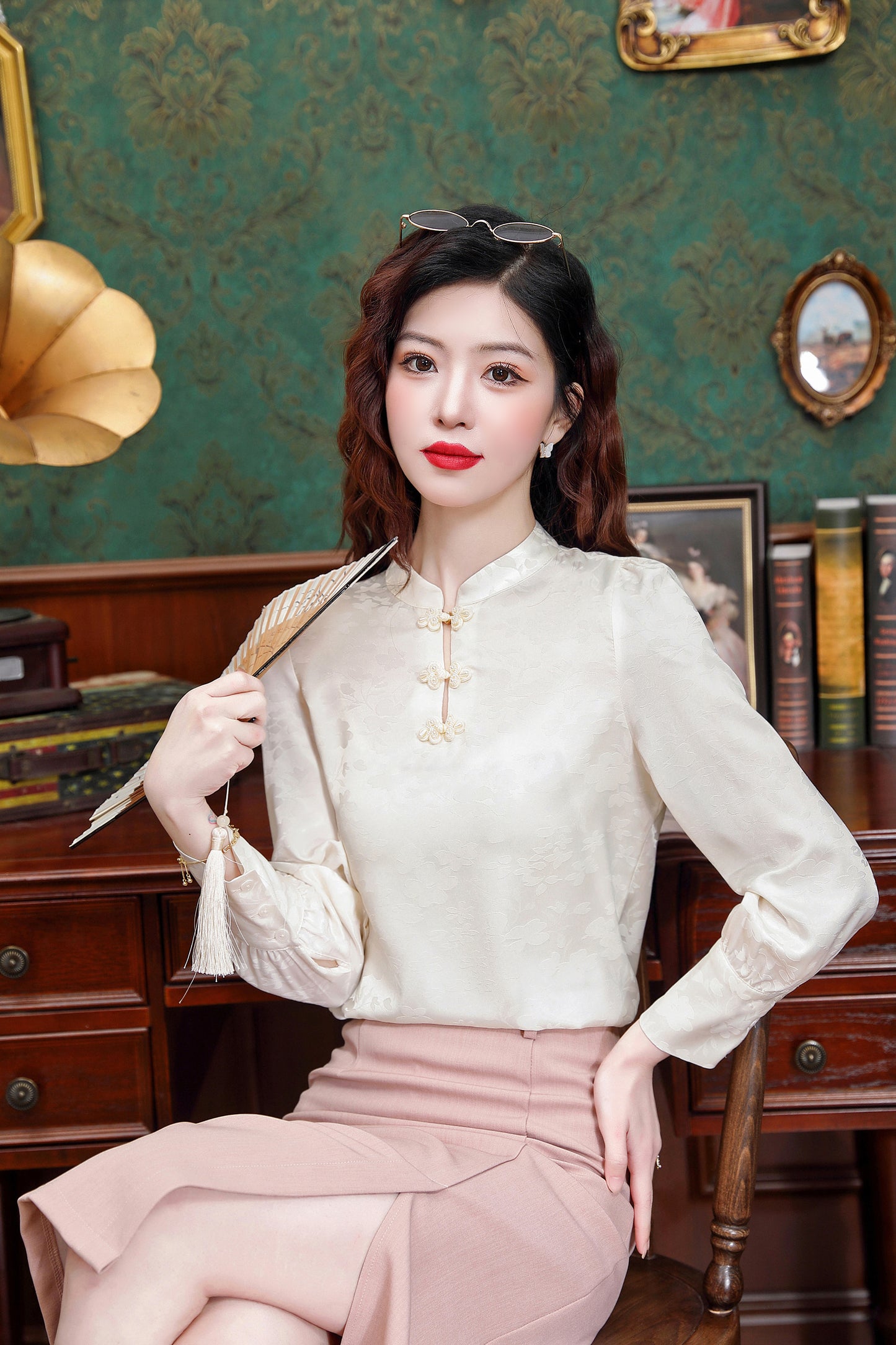 Women's Silk Satin Mandarin Collar Long Sleeve Blouse Top - LAI MENG FIVE CATS