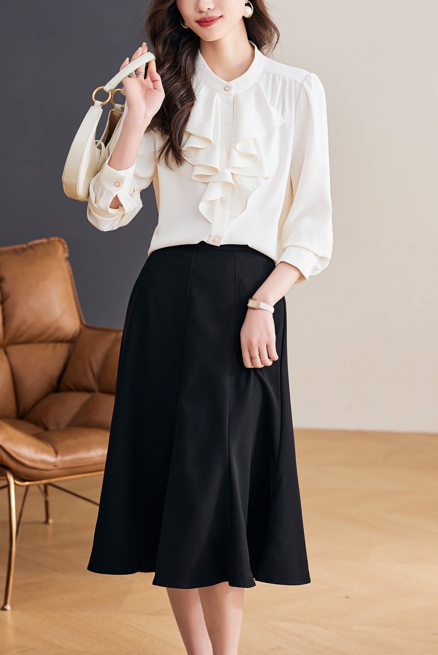 Title: Elegant Ruffle Front Blouse | Feminine Stand Collar Shirt