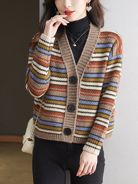 Women's Striped Cable Knit Sweater Cardigan Outerwear