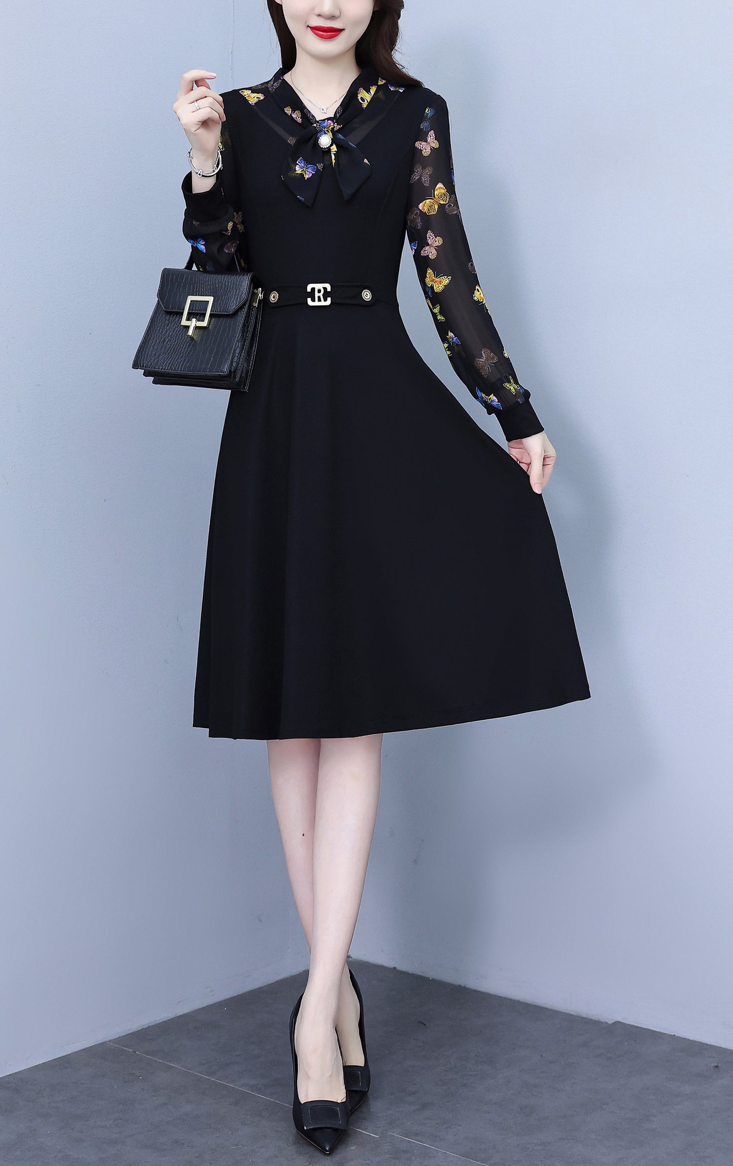 Women's Elegant Tie Neck Long Sleeve Black Dress
