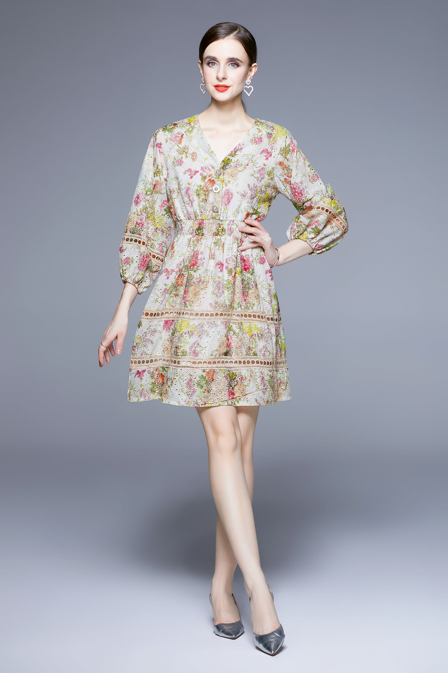 SSY-Women's V-Neck Floral Elastic Waist Button Mini Dress