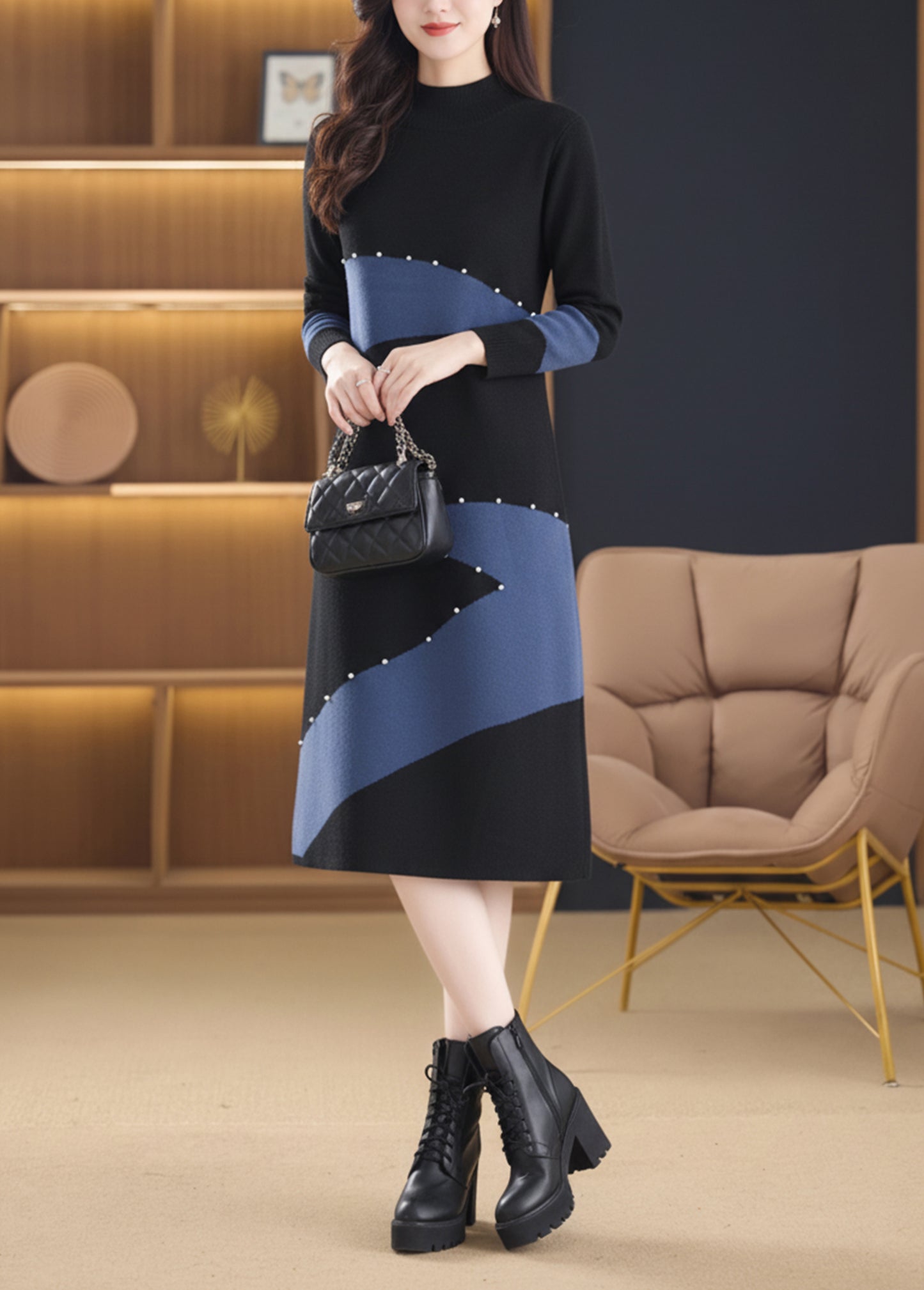 Women's Long Sleeve Sweater Knit Color Block Dress