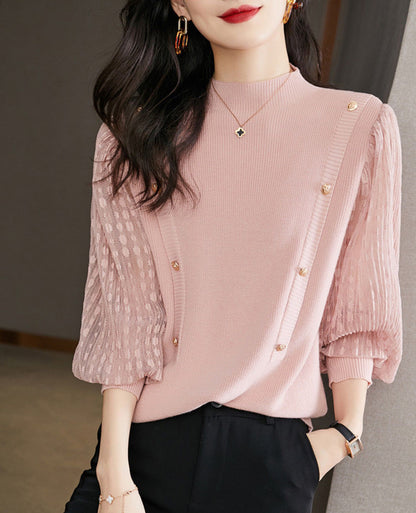 Soft Mock Neck Puff Sleeve Knit Top | Pink & Sage Green